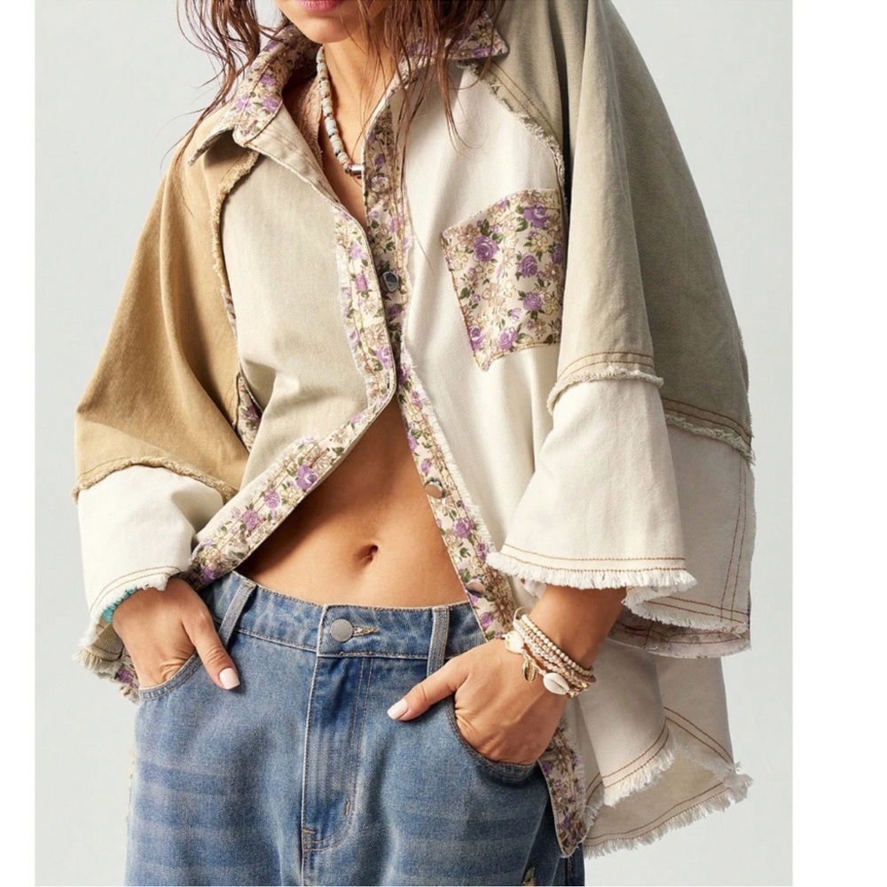 Boho Floral Print Color Block Raw Detail Button Down Top XS S M L XL XXL